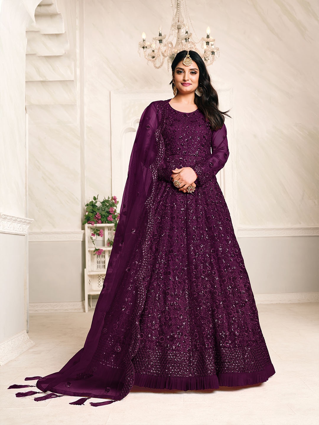 

ODETTE Embroidered Semi Stitched Kurta Set With Inner, Purple