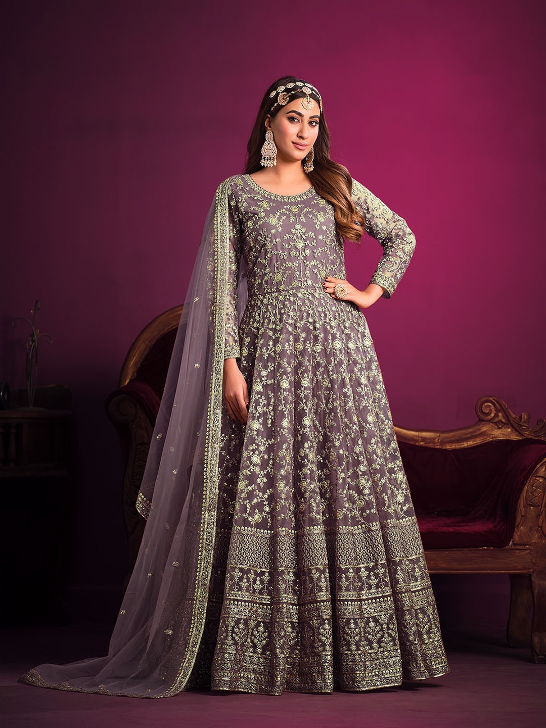 

ODETTE Floral Embroidered Semi Stitched Kurta Set, Purple
