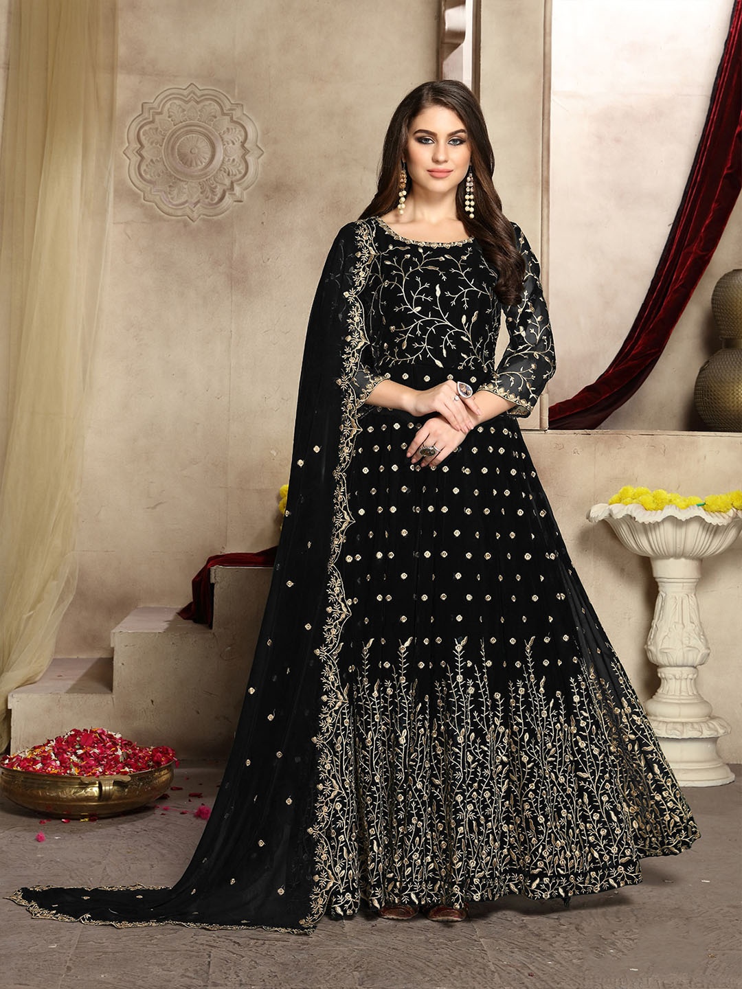 

ODETTE Embroidered Semi Stitched Kurta Set, Black