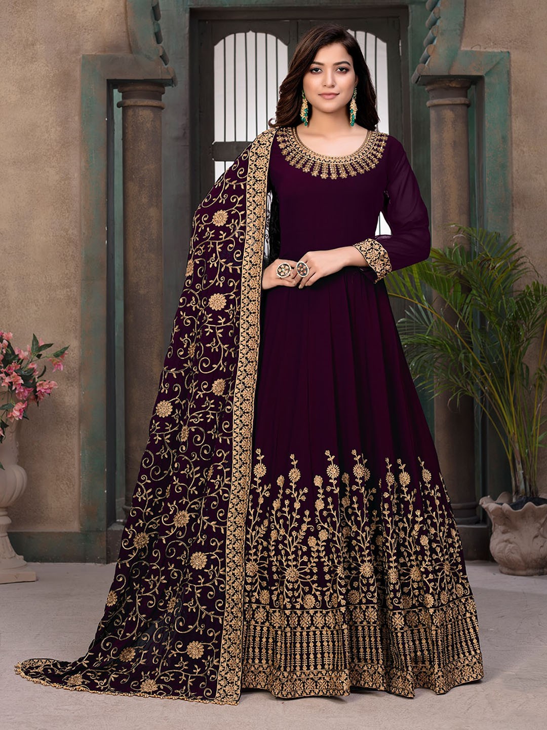 

ODETTE Floral Embroidered Silk Georgette Semi Stitched Kurta Set, Purple