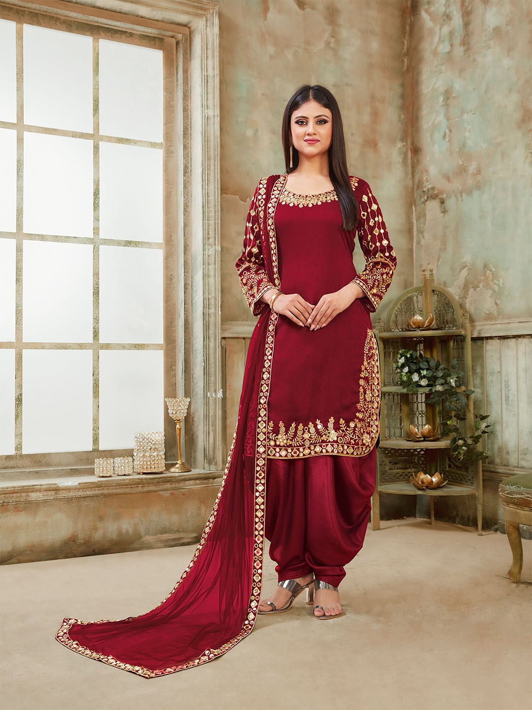 

ODETTE Embroidered Semi Stitched Kurta Set, Maroon