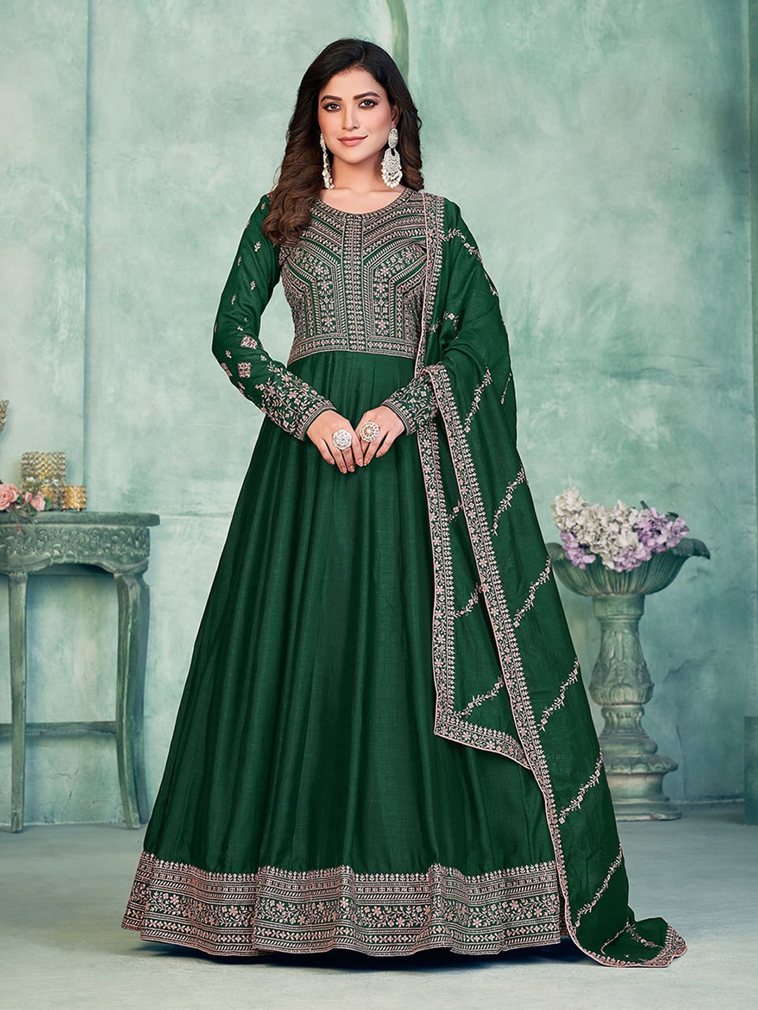 

ODETTE Embroidered Semi Stitched Kurta Set, Green