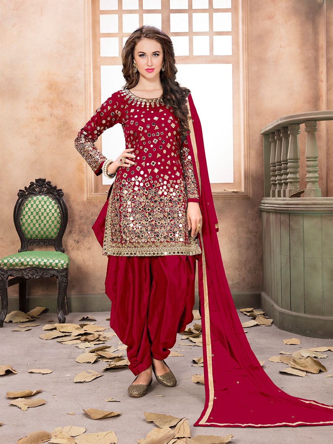 

ODETTE Embellished Semi-Stitched Dress Material, Red