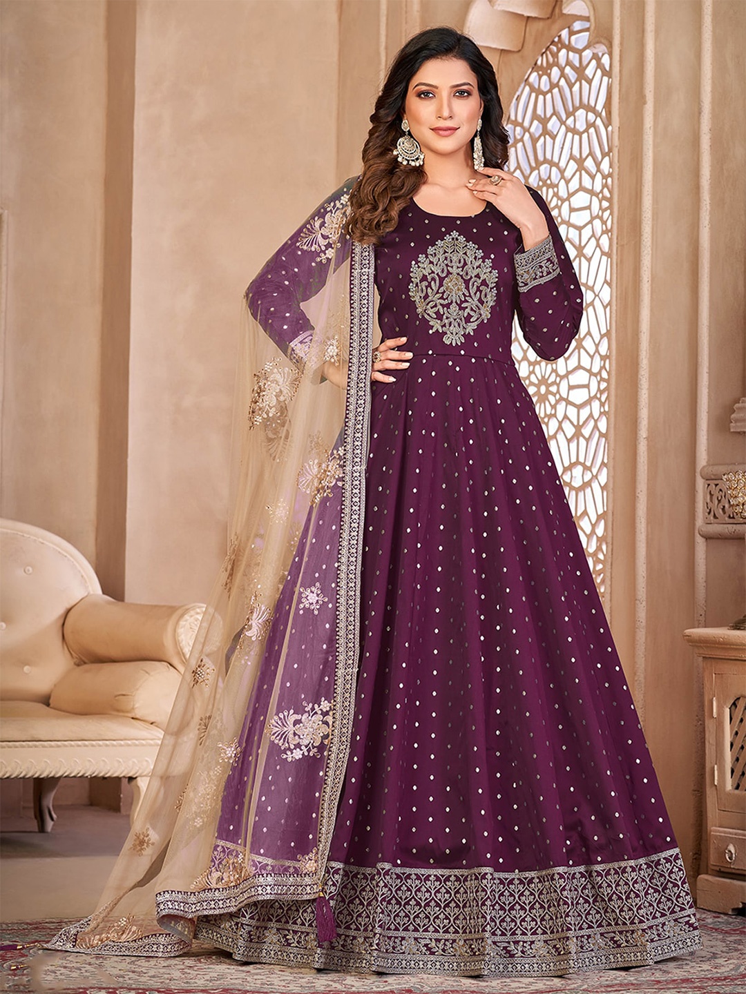 

ODETTE Embroidered Semi-Stitched Dress Material, Purple