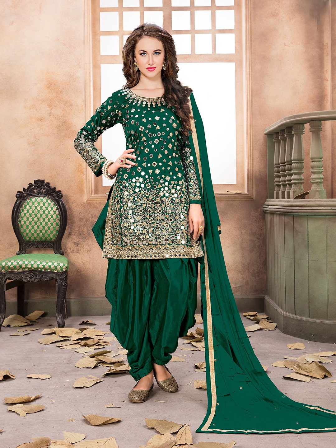 

ODETTE Embroidered Semi-Stitched Dress Material, Green