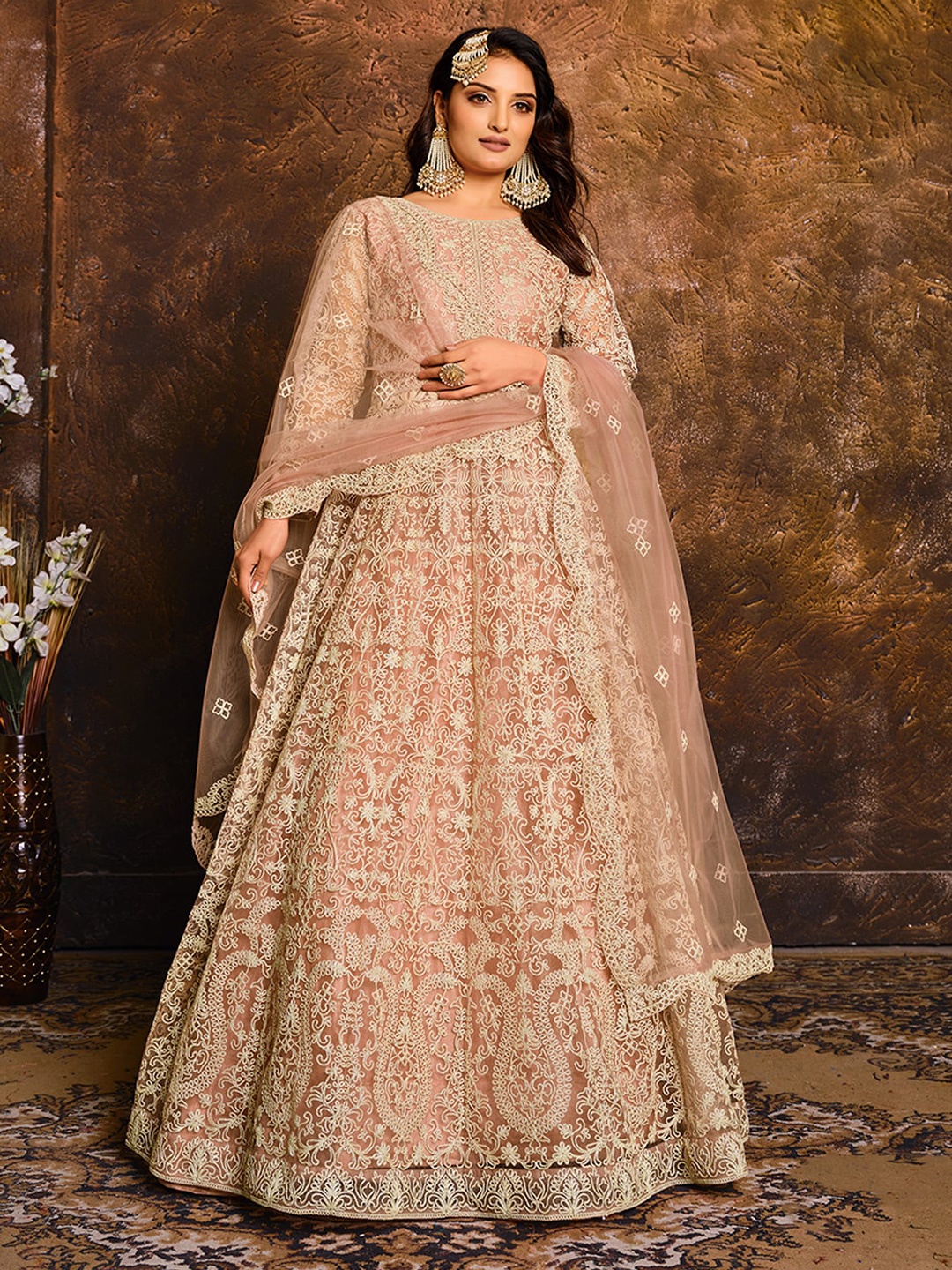 

ODETTE Embroidered Semi-Stitched Dress Material, Peach