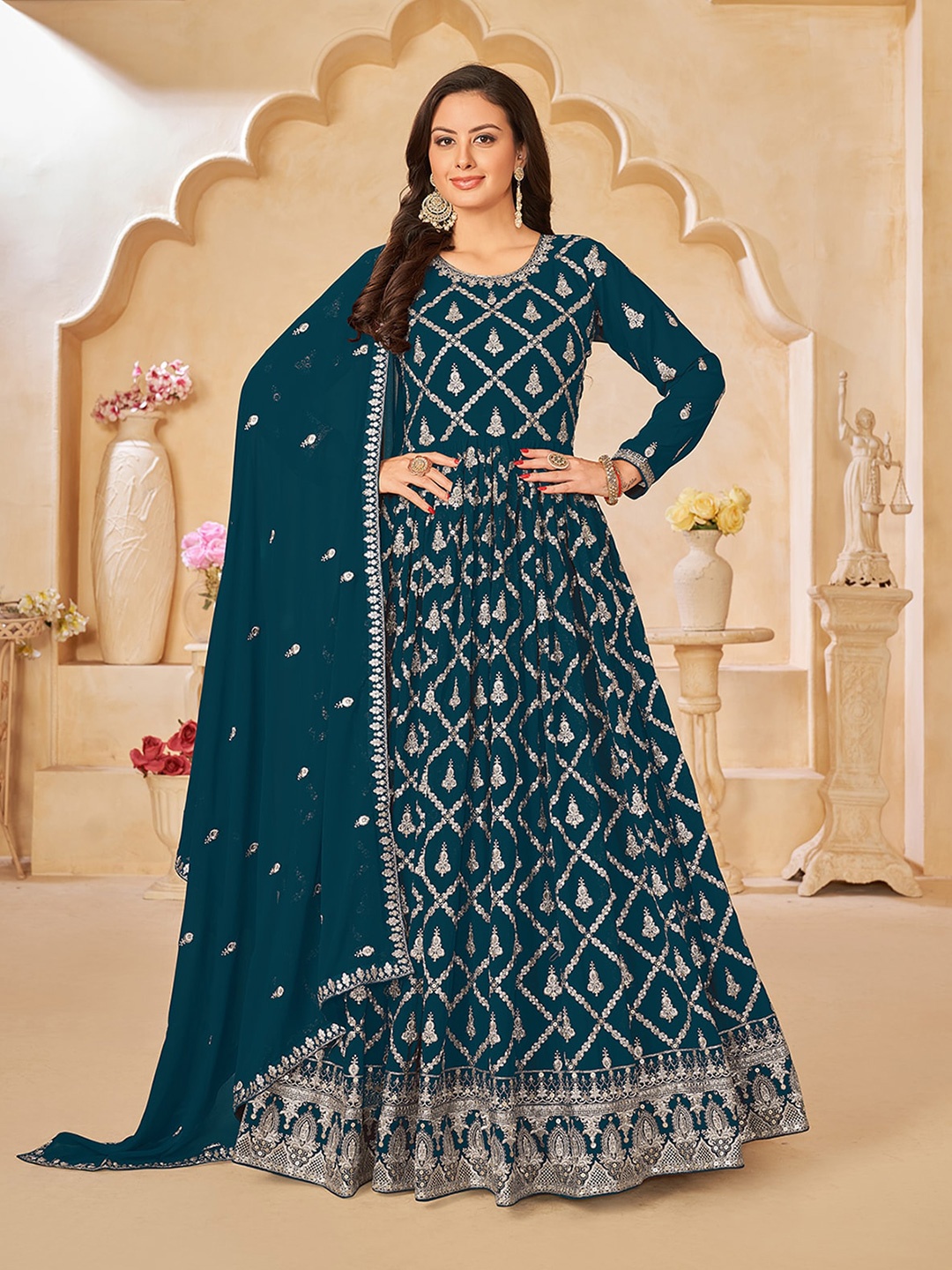 

ODETTE Embroidered Semi-Stitched Dress Material, Teal