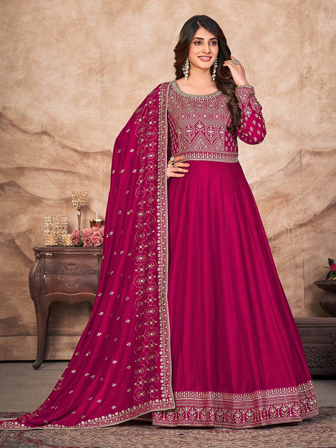 

ODETTE Embroidered Art Silk Semi-Stitched Dress Material, Pink