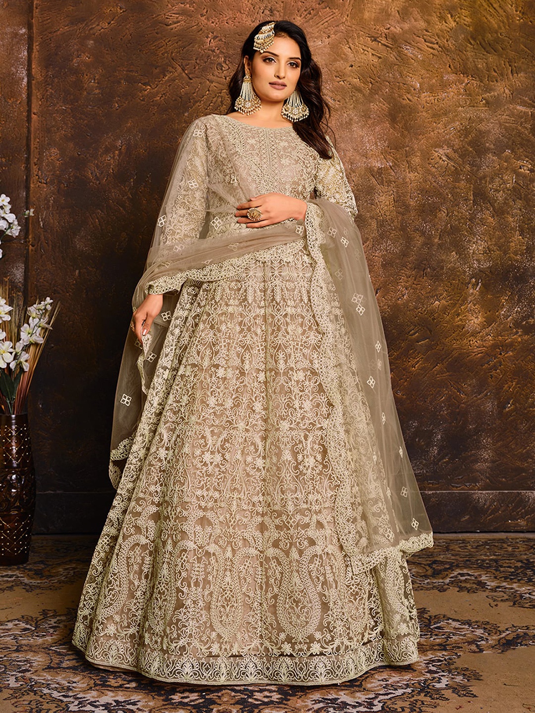 

ODETTE Embroidered Semi-Stitched Dress Material, Beige