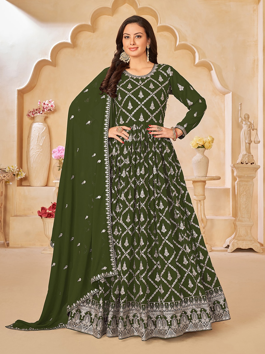 

ODETTE Embroidered Semi-Stitched Dress Material, Olive