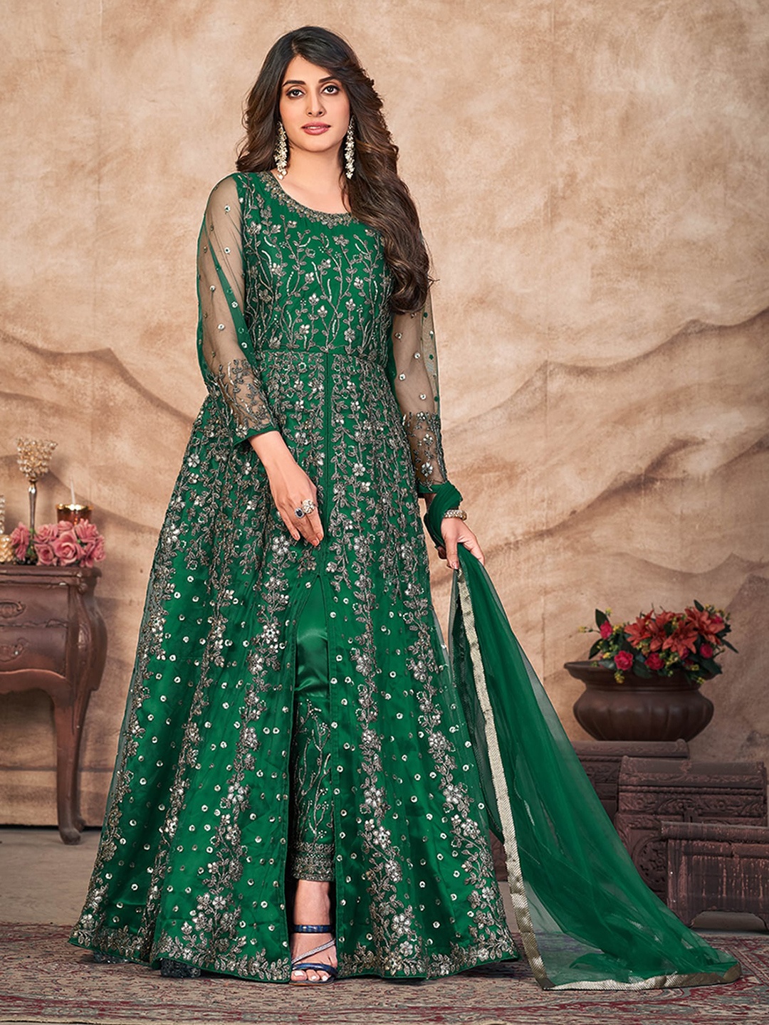 

ODETTE Embroidered Semi-Stitched Dress Material, Green