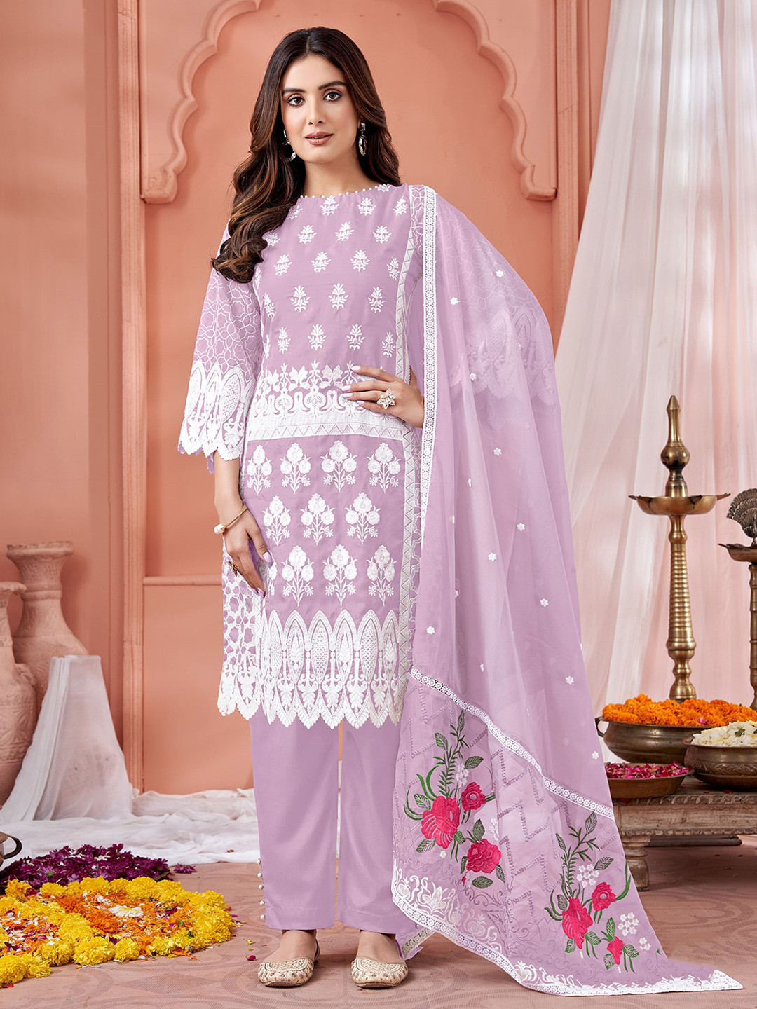 

ODETTE Embroidered Semi-Stitched Dress Material, Purple