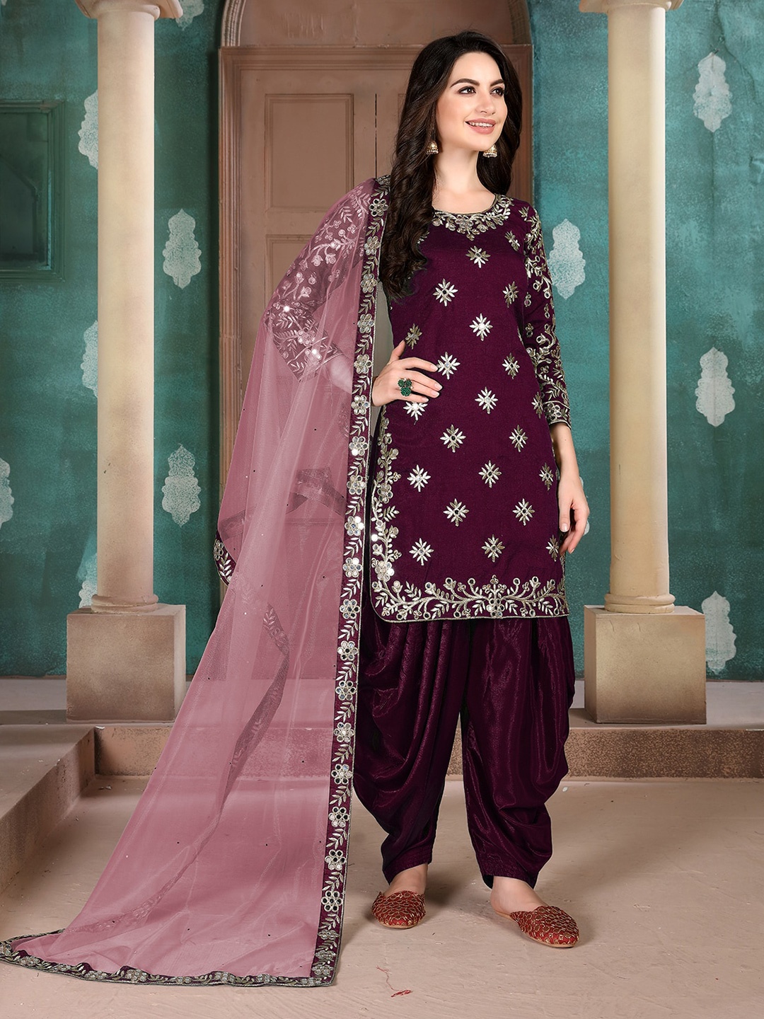 

ODETTE Embroidered Semi-Stitched Dress Material, Purple