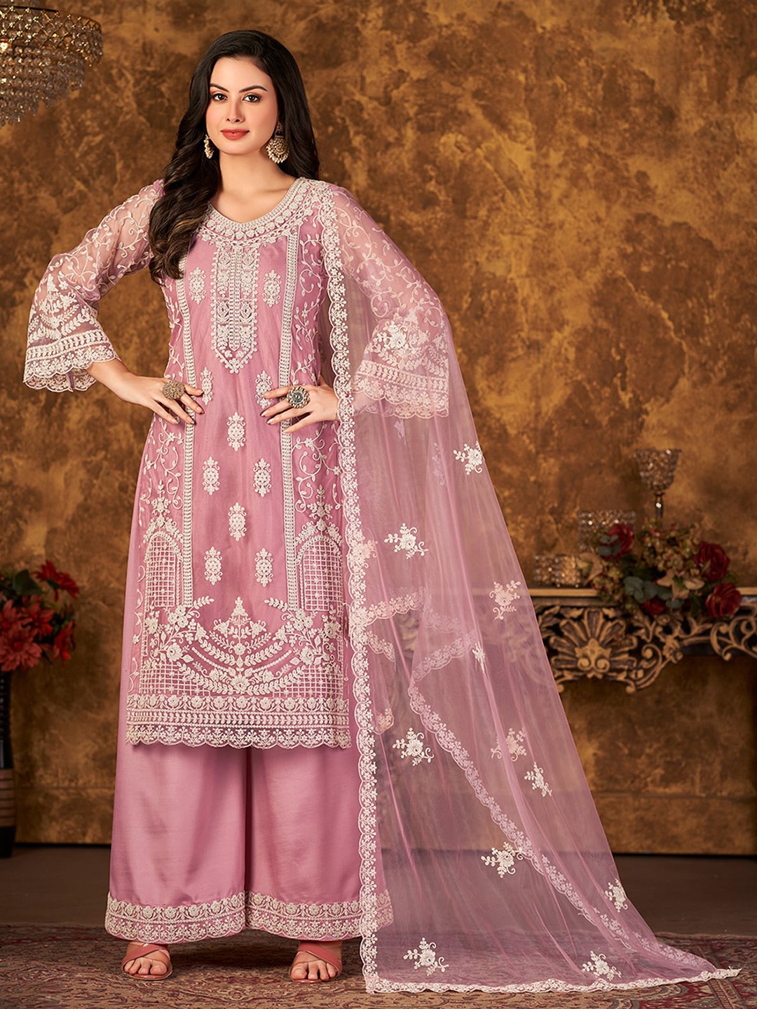 

ODETTE Embroidered Semi-Stitched Dress Material, Pink
