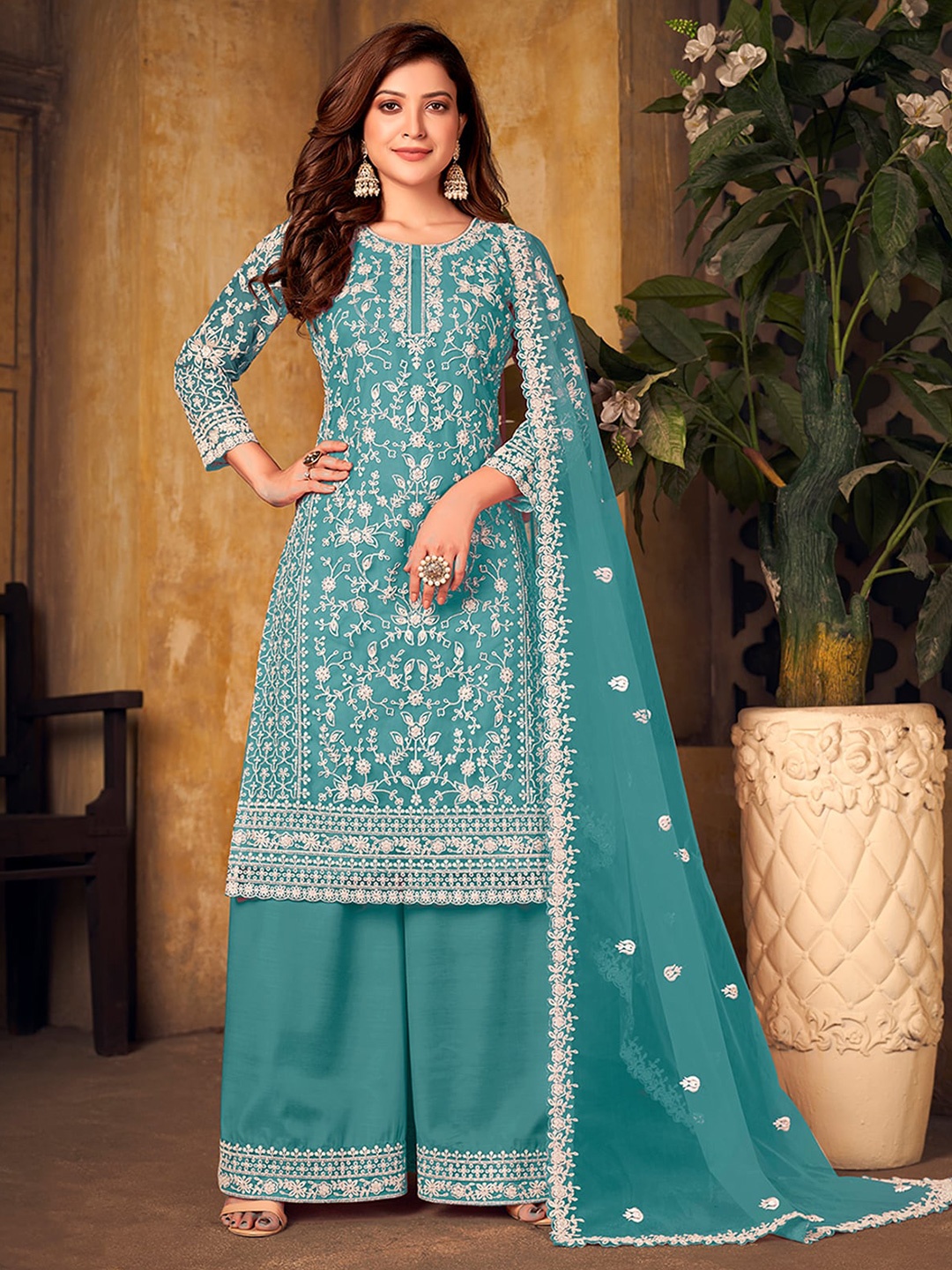 

ODETTE Floral Embroidered Semi-Stitched Dress Material, Turquoise blue
