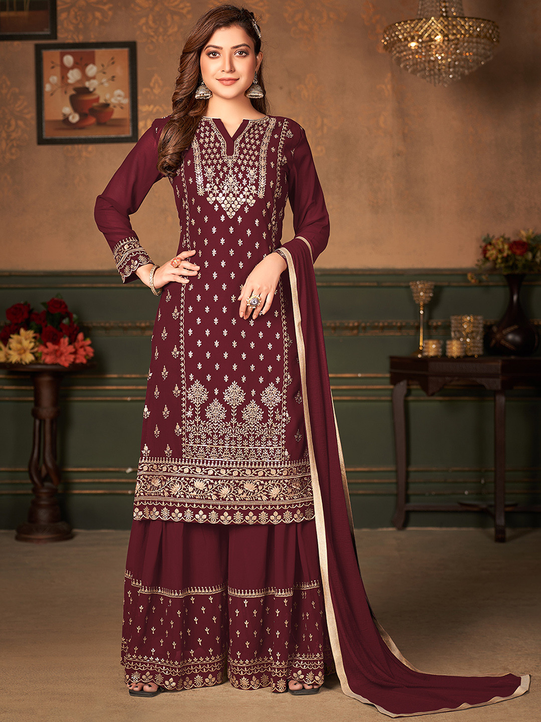 

ODETTE Floral Embroidered Semi-Stitched Dress Material, Maroon