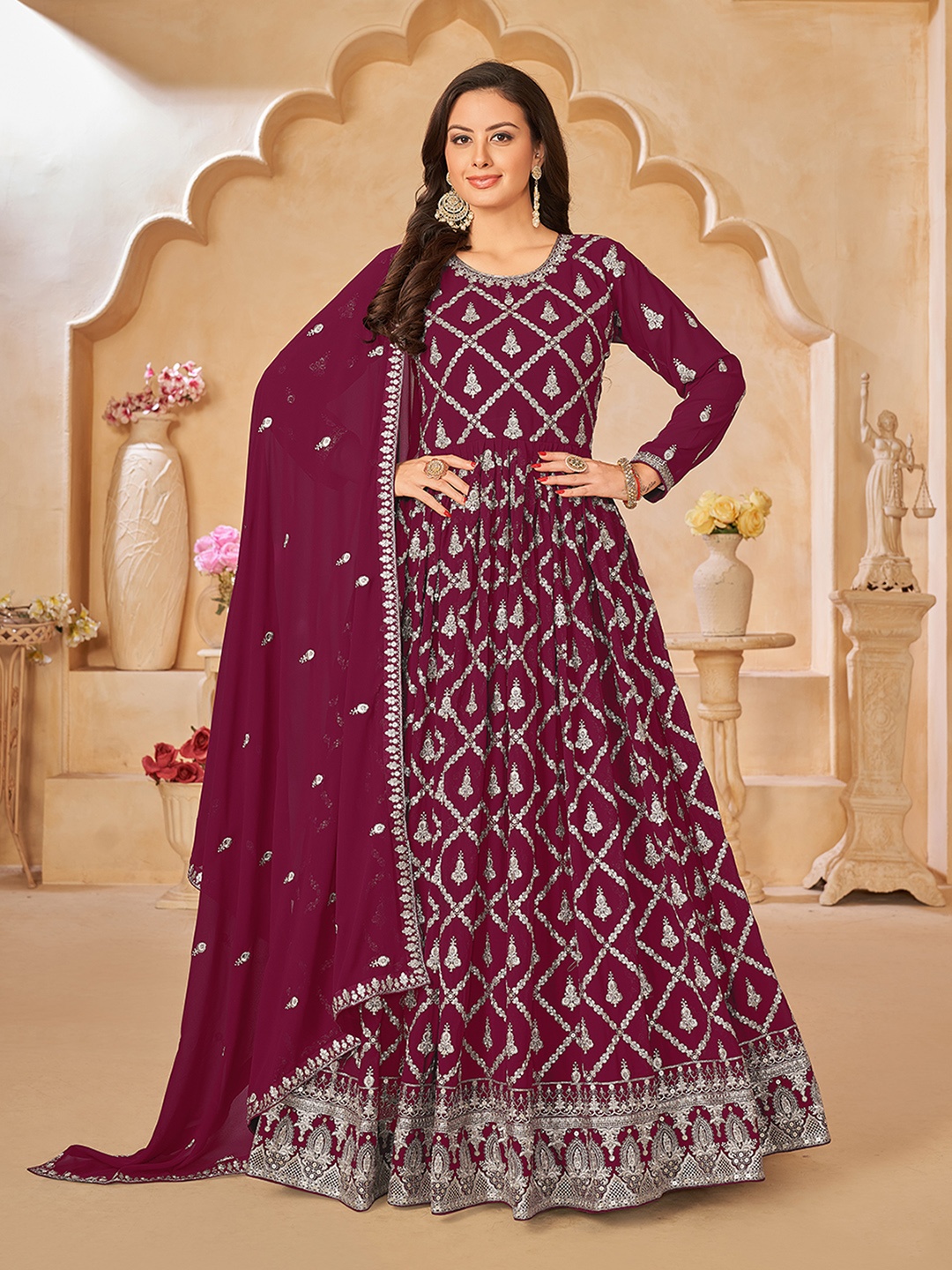 

ODETTE Embroidered Semi-Stitched Dress Material, Pink