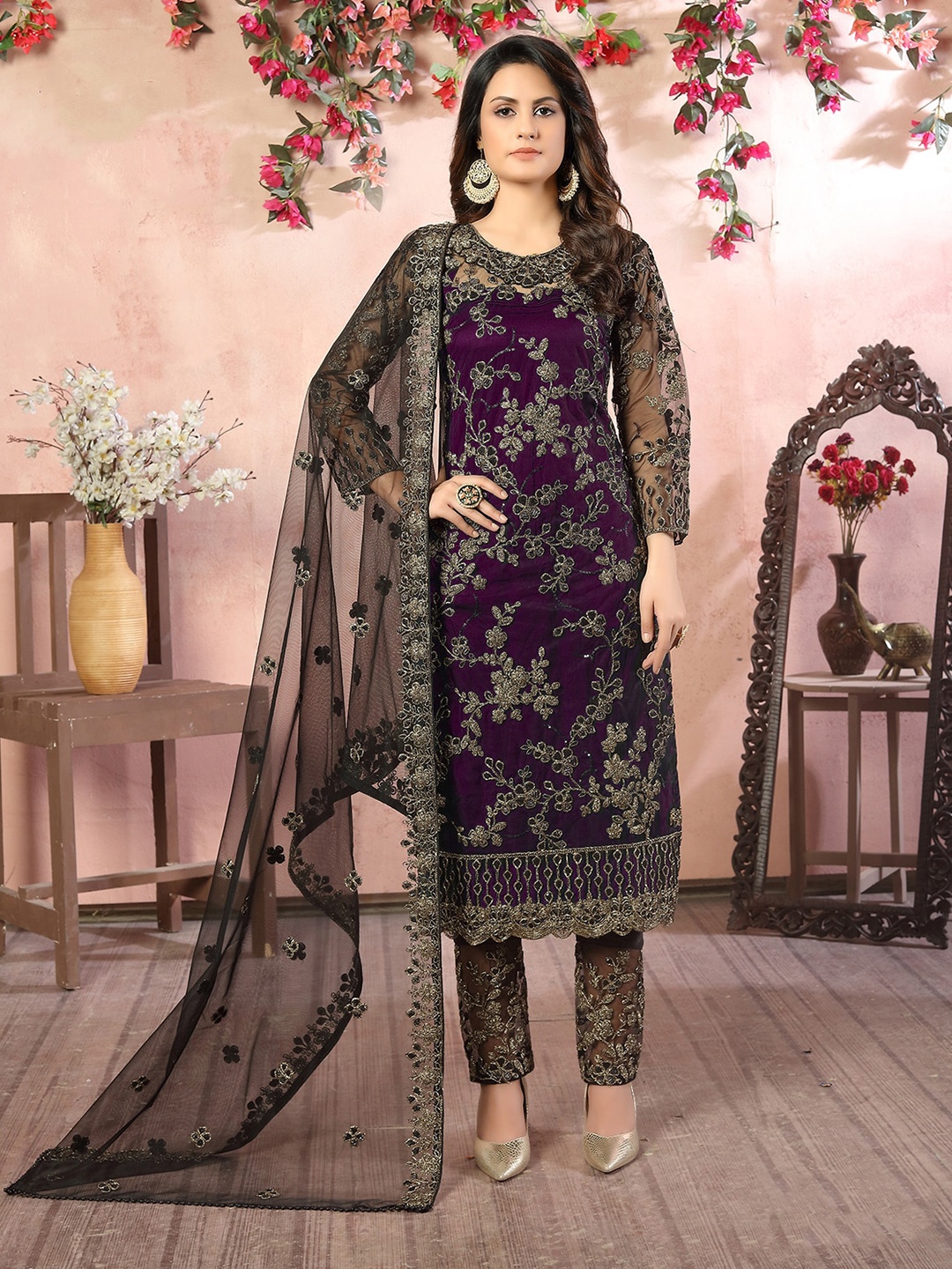 

ODETTE Embroidered Semi-Stitched Dress Material, Purple