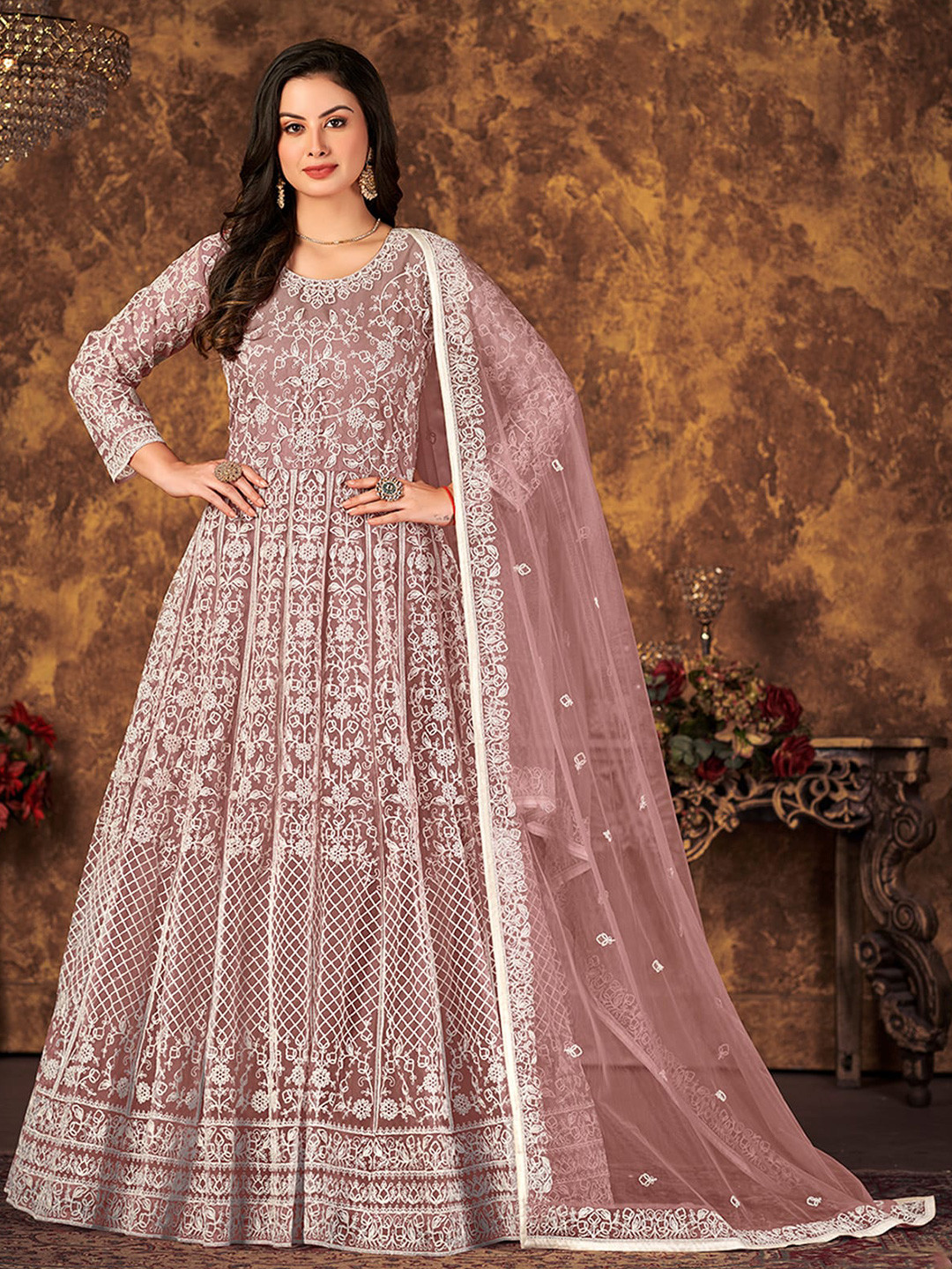 

ODETTE Embroidered Semi-Stitched Dress Material, Mauve