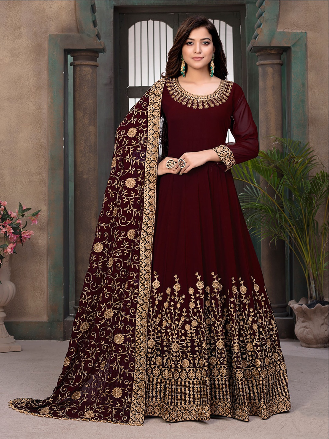 

ODETTE Embroidered Semi-Stitched Dress Material, Maroon