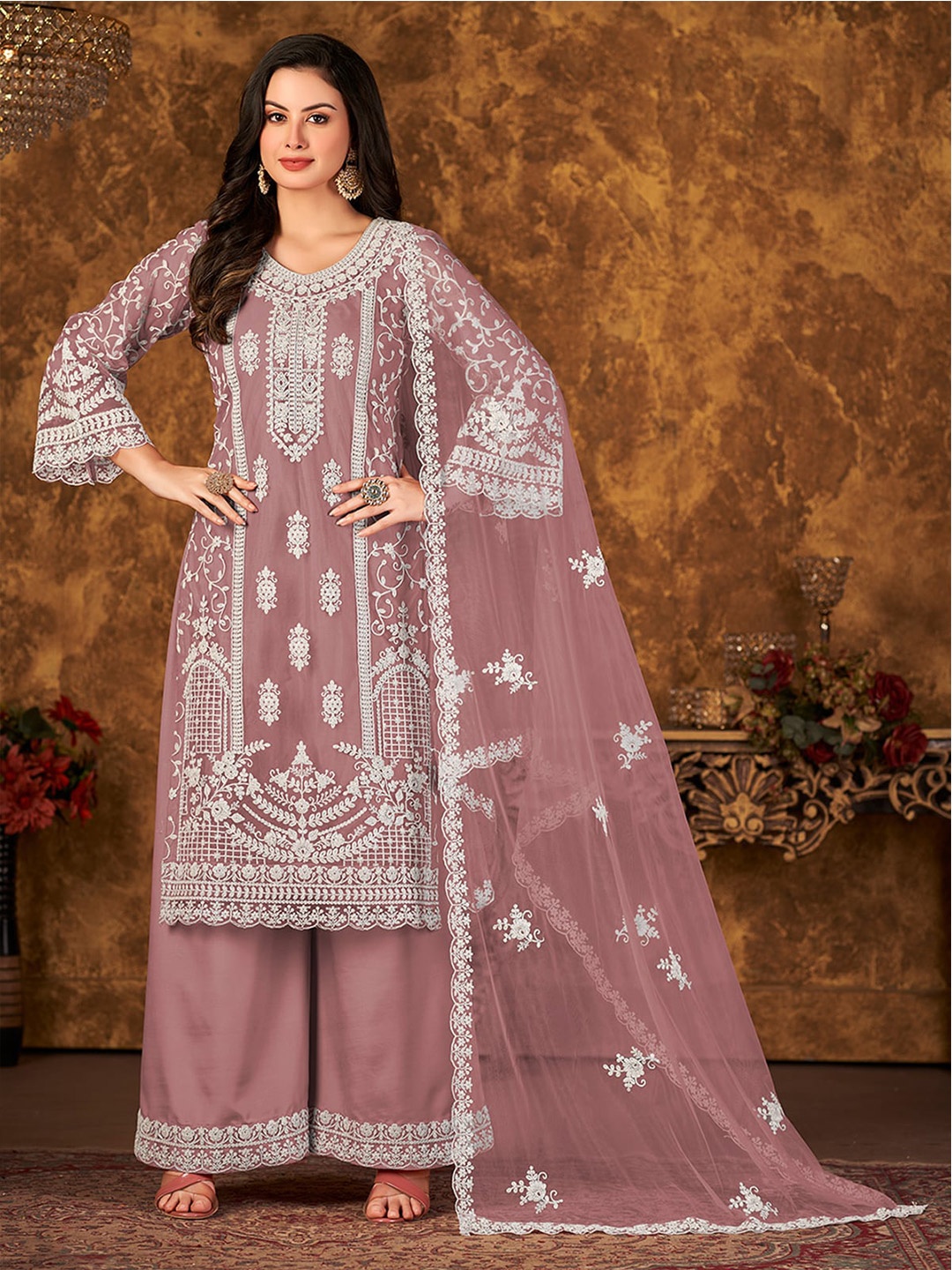 

ODETTE Ethnic Motifs Embroidered Thread Work Detailed Net Semi-Stitched Dress Material, Mauve