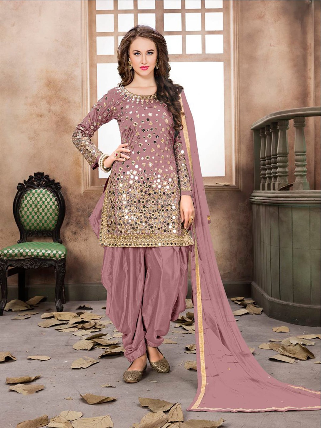 

ODETTE Ethnic Motifs Embroidered Mirror Work Detailed Semi-Stitched Dress Material, Peach