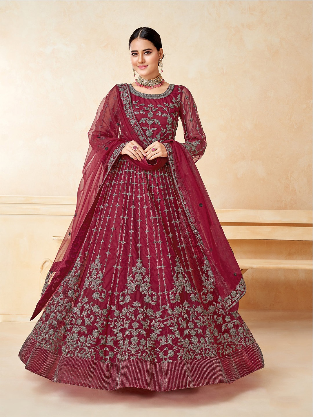 

ODETTE Embroidered Semi-Stitched Dress Material, Maroon