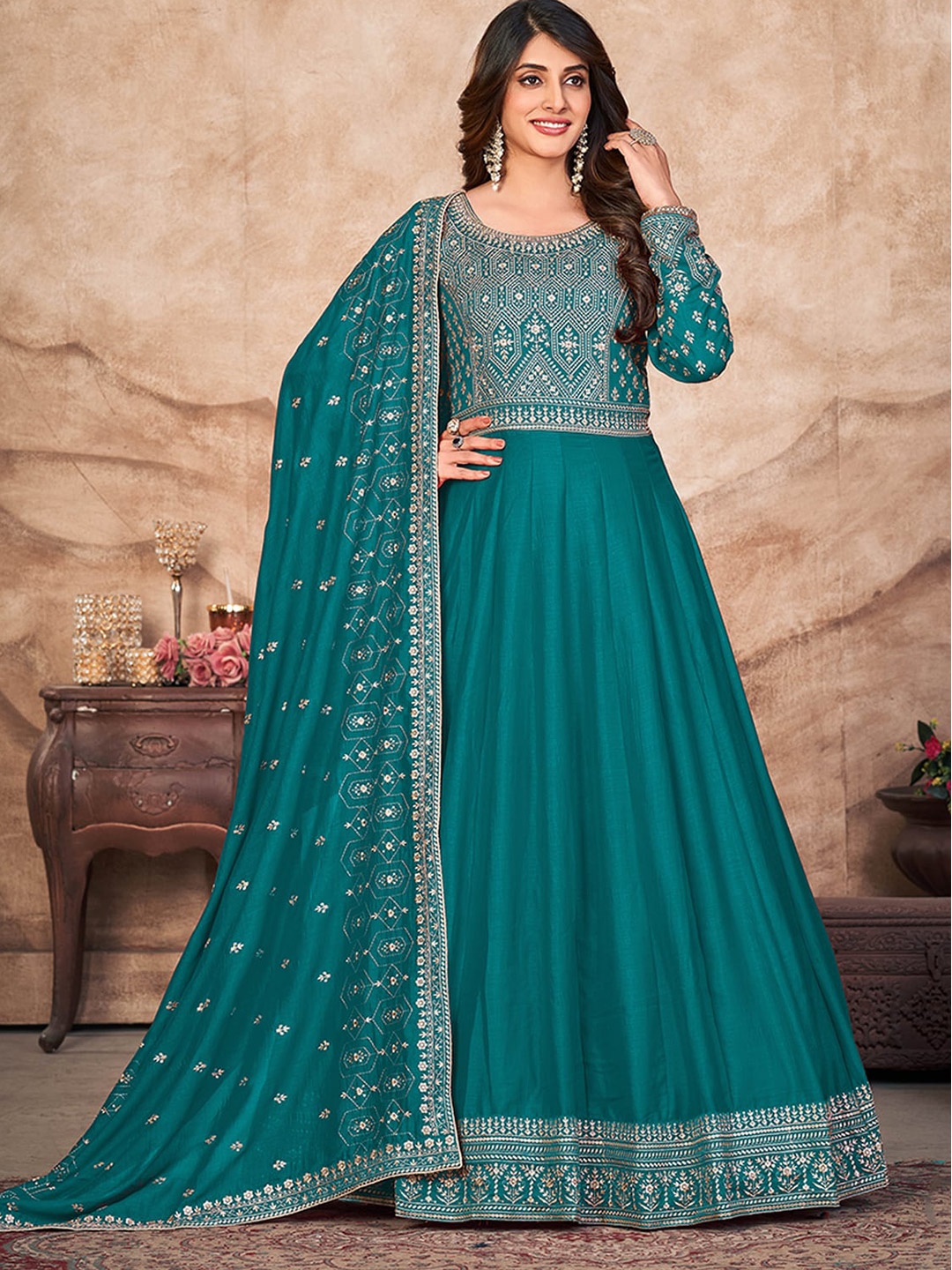 

ODETTE Ethnic Motifs Embroidered Semi-Stitched Dress Material, Teal