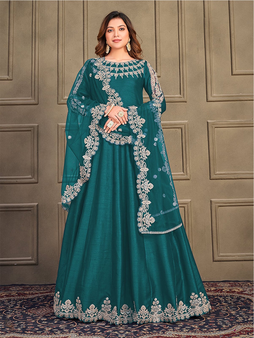 

ODETTE Embroidered Semi-Stitched Dress Material, Teal