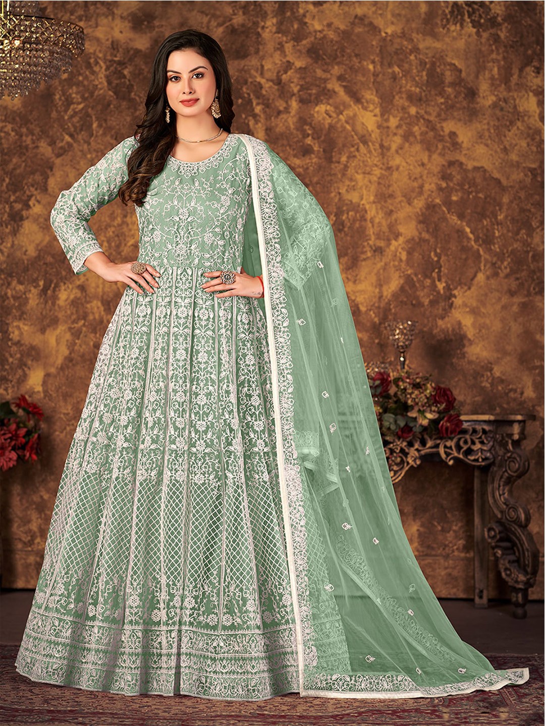 

ODETTE Embroidered Semi-Stitched Dress Material, Green