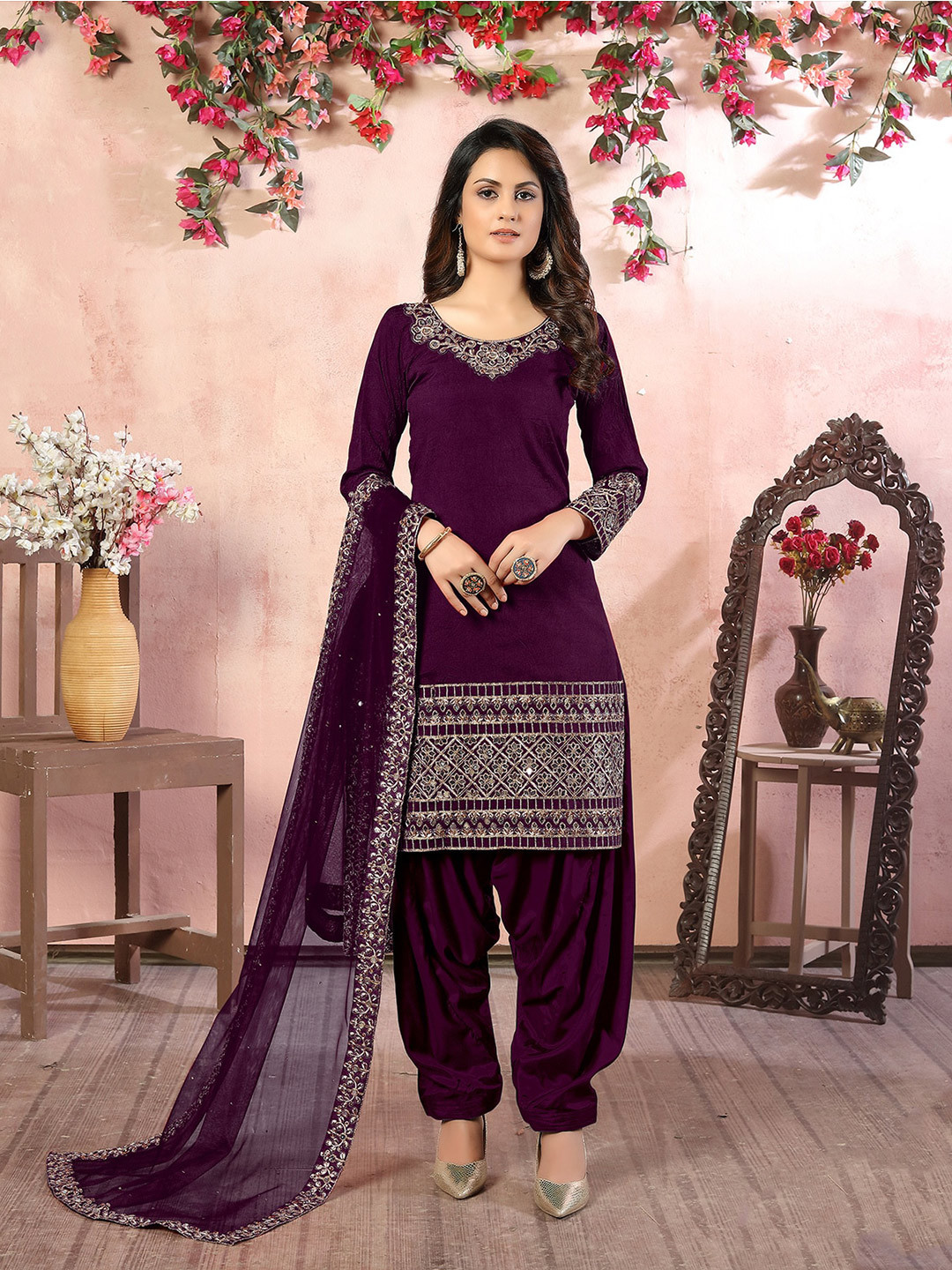 

ODETTE Ethnic Motifs Embroidered Mirror Work Semi-Stitched Dress Material, Purple