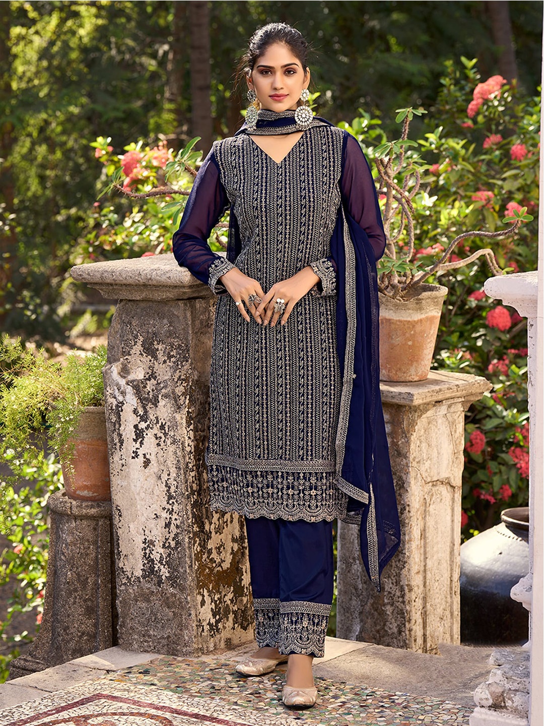 

ODETTE Embroidered Silk Semi-Stitched Dress Material, Blue
