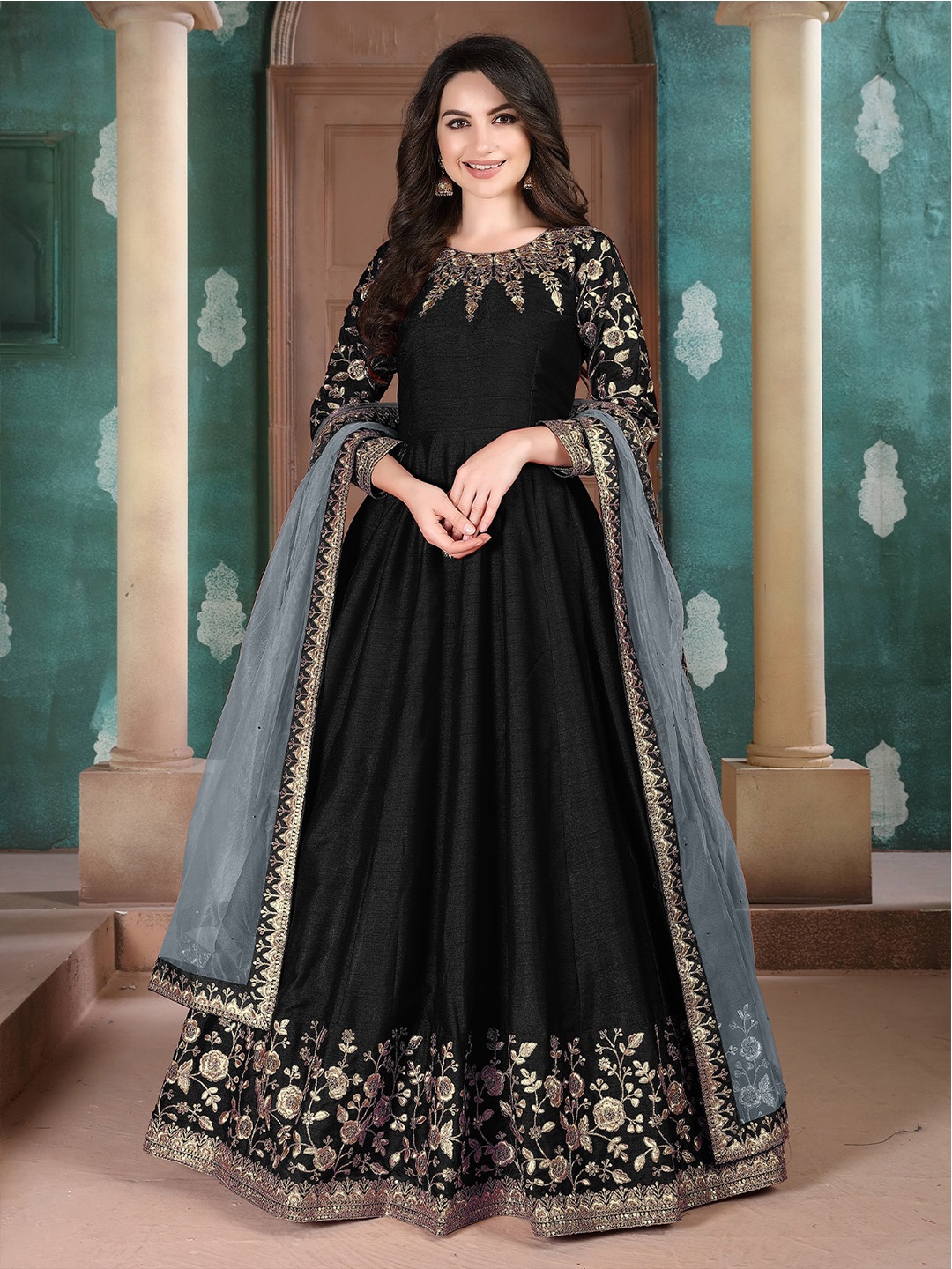 

ODETTE Ethnic Motifs Embroidered Silk Semi-Stitched Dress Material, Black