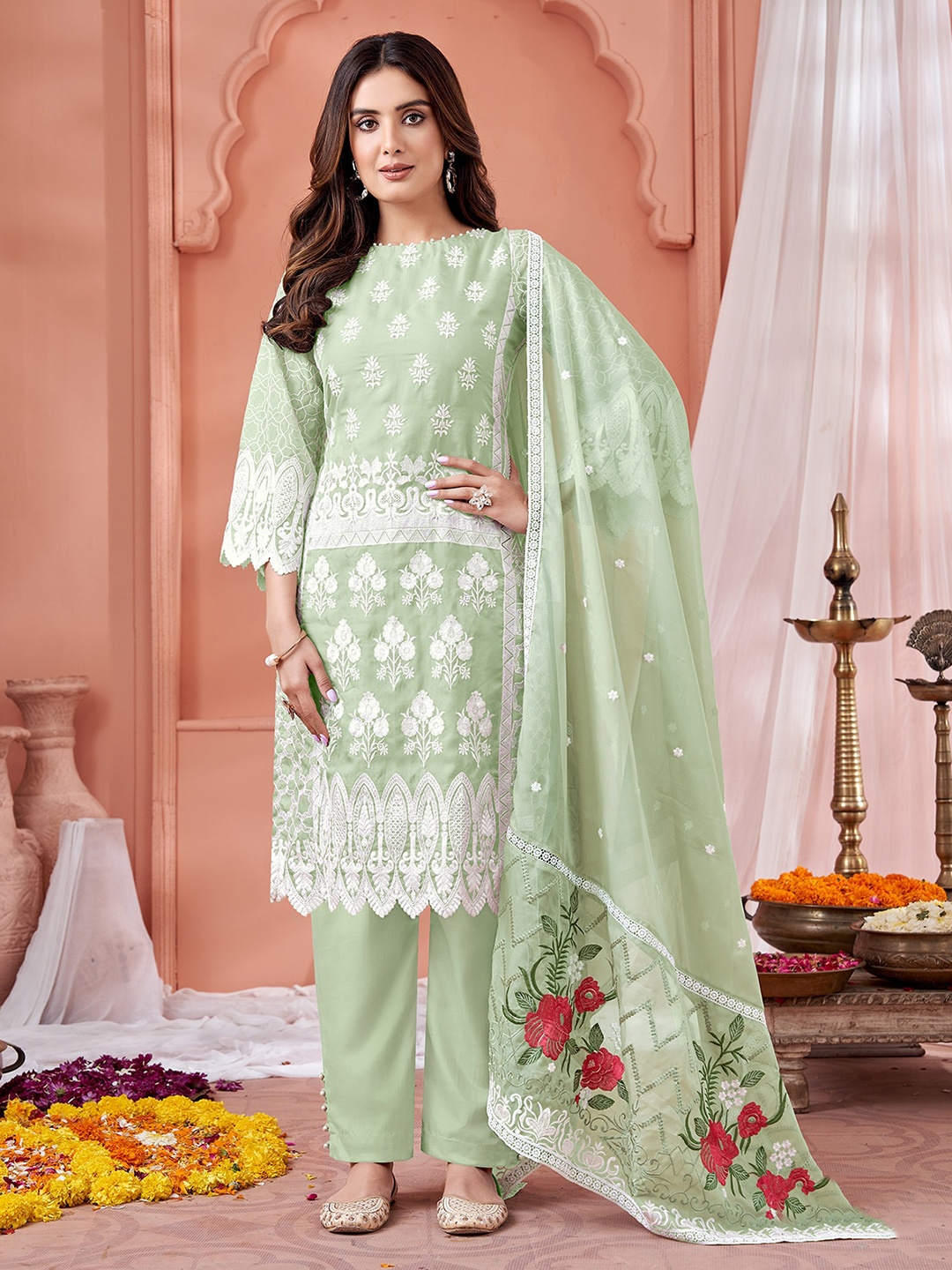 

ODETTE Embroidered Organza Semi-Stitched Dress Material, Green