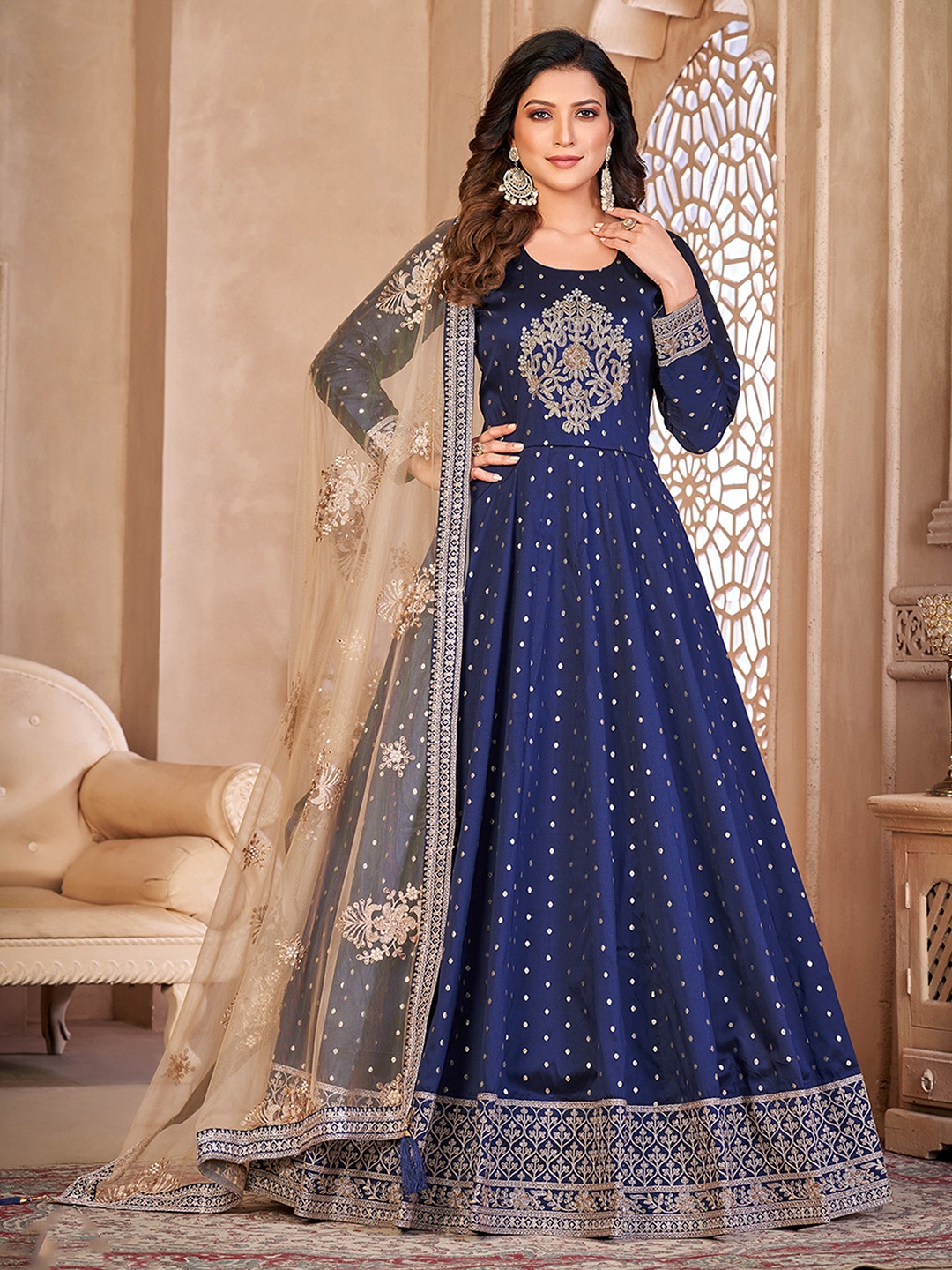 

ODETTE Floral Embroidered Semi-Stitched Dress Material, Blue