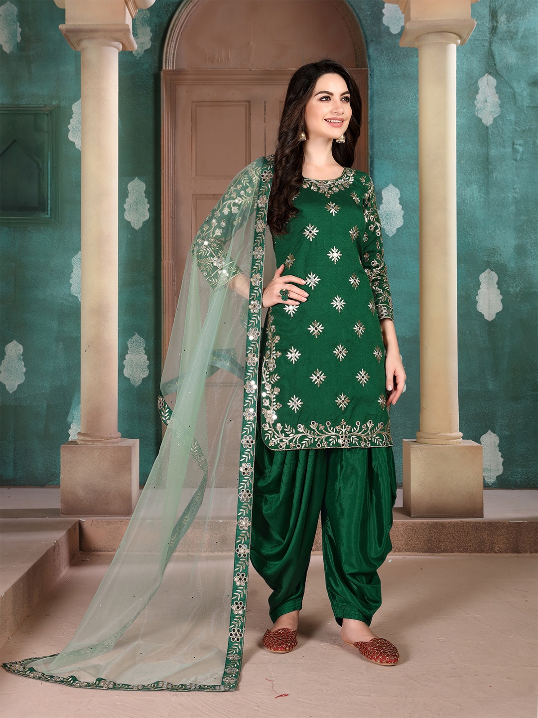 

ODETTE Embroidered Semi-Stitched Dress Material, Green