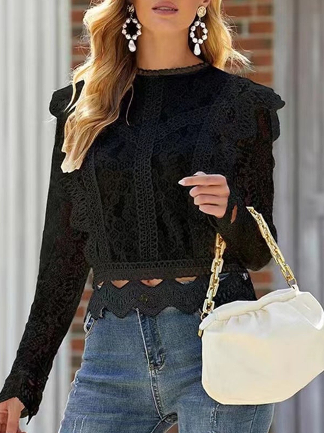 

StyleCast Black Self Design Round Neck Long Sleeves Cut Out Top