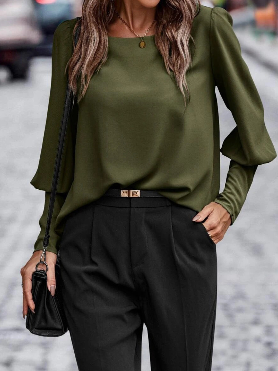 

StyleCast Olive Green Round Neck Long Sleeves Top