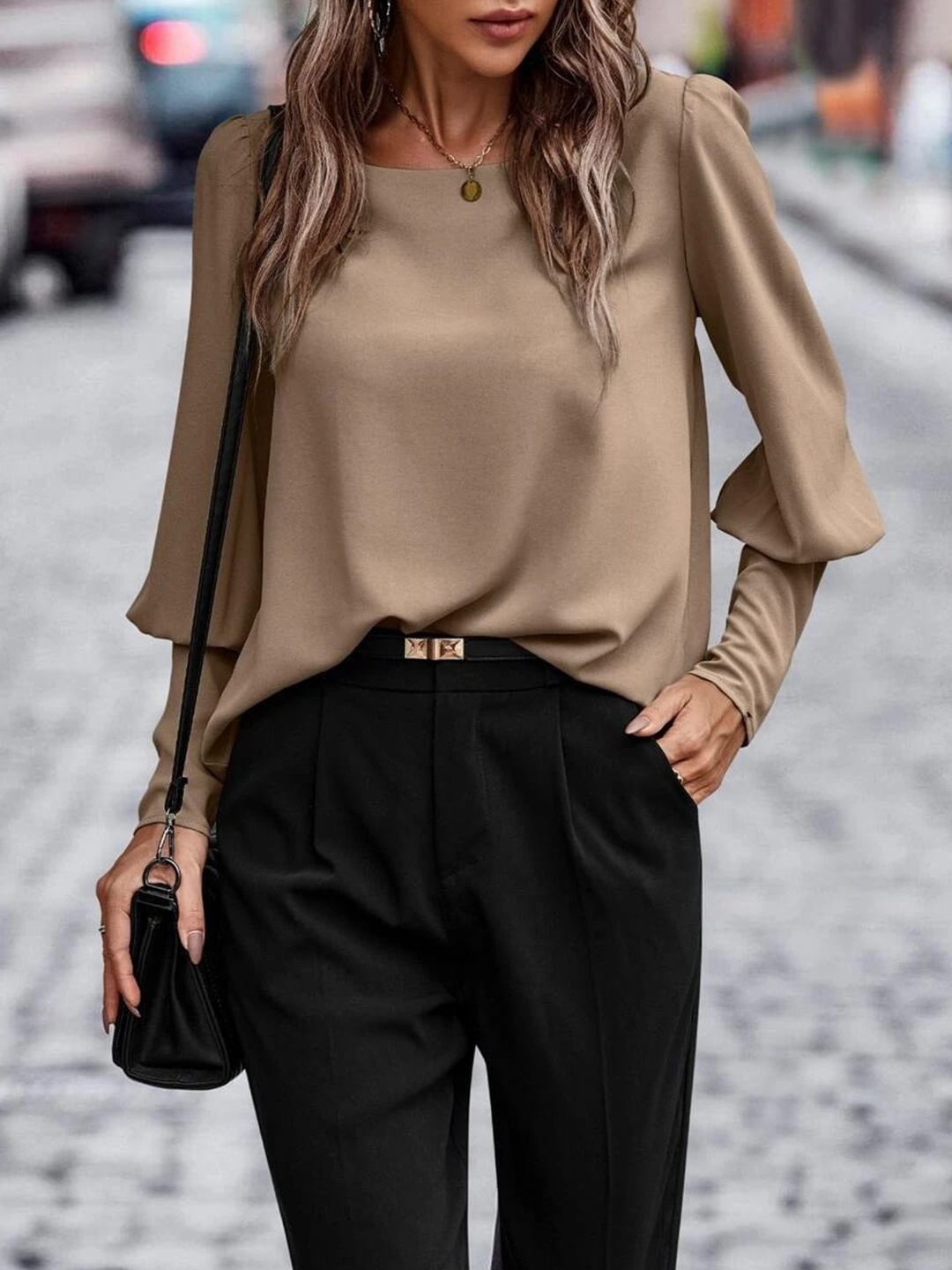 

StyleCast Brown Boat Neck Cuffed Sleeves Top