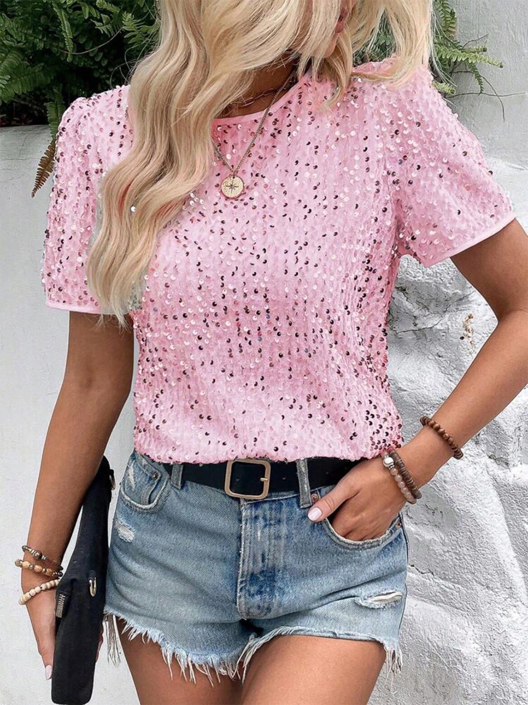 

StyleCast Pink Embellished Puff Sleeves Top