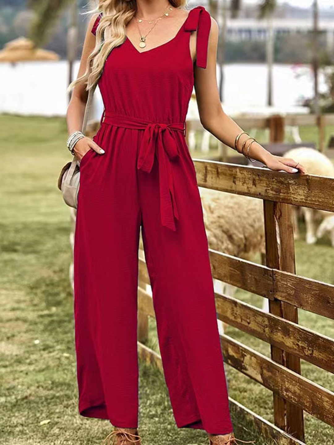 

StyleCast Maroon Sleeveless V-Neck Belted Basic Jumpsuit