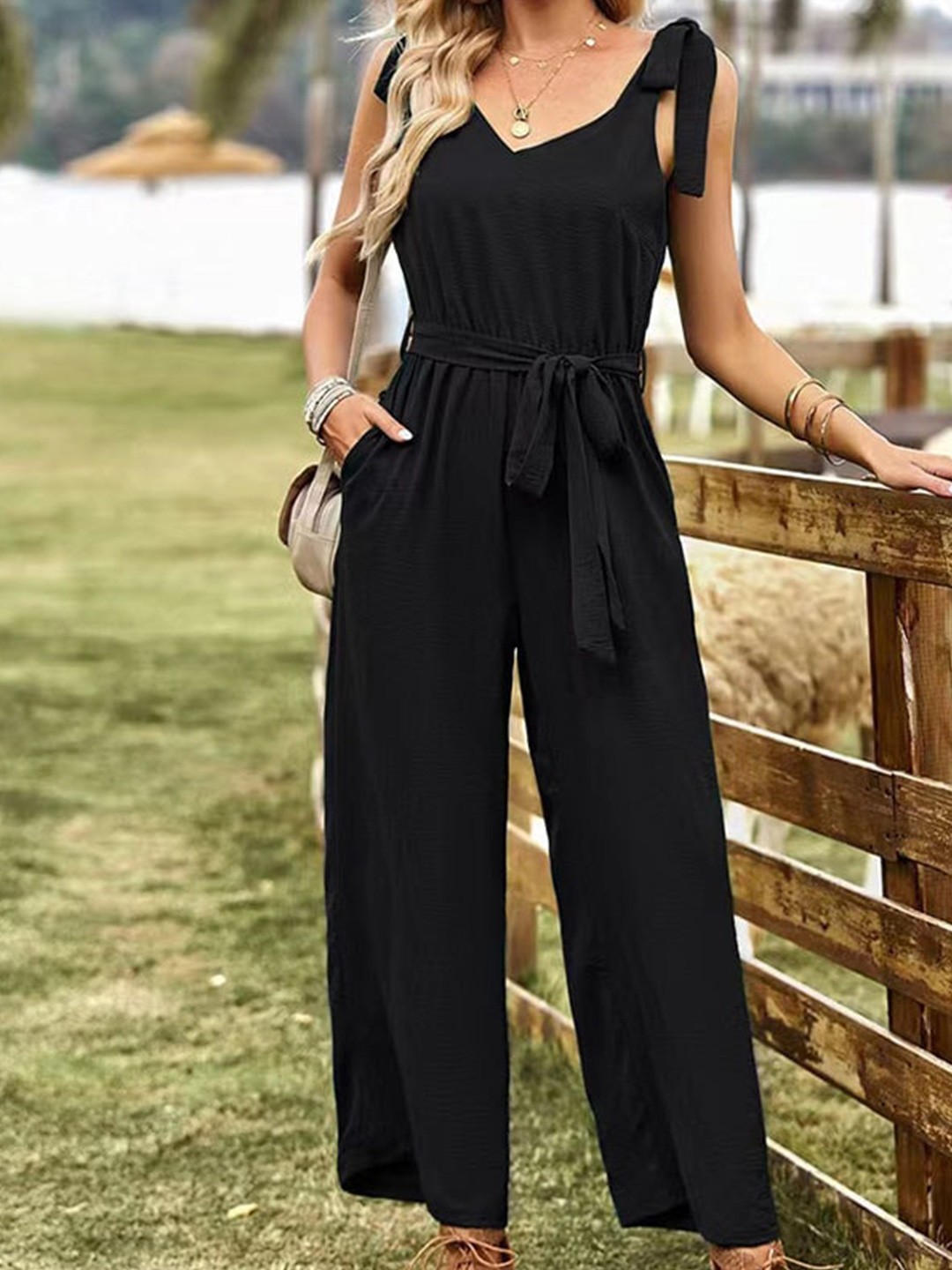 

StyleCast Black Sleeveless V-Neck Belted Basic Jumpsuit