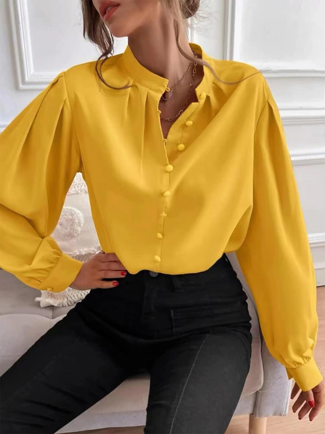 

StyleCast Yellow Mandarin Collar Cuffed Sleeves Shirt Style Top
