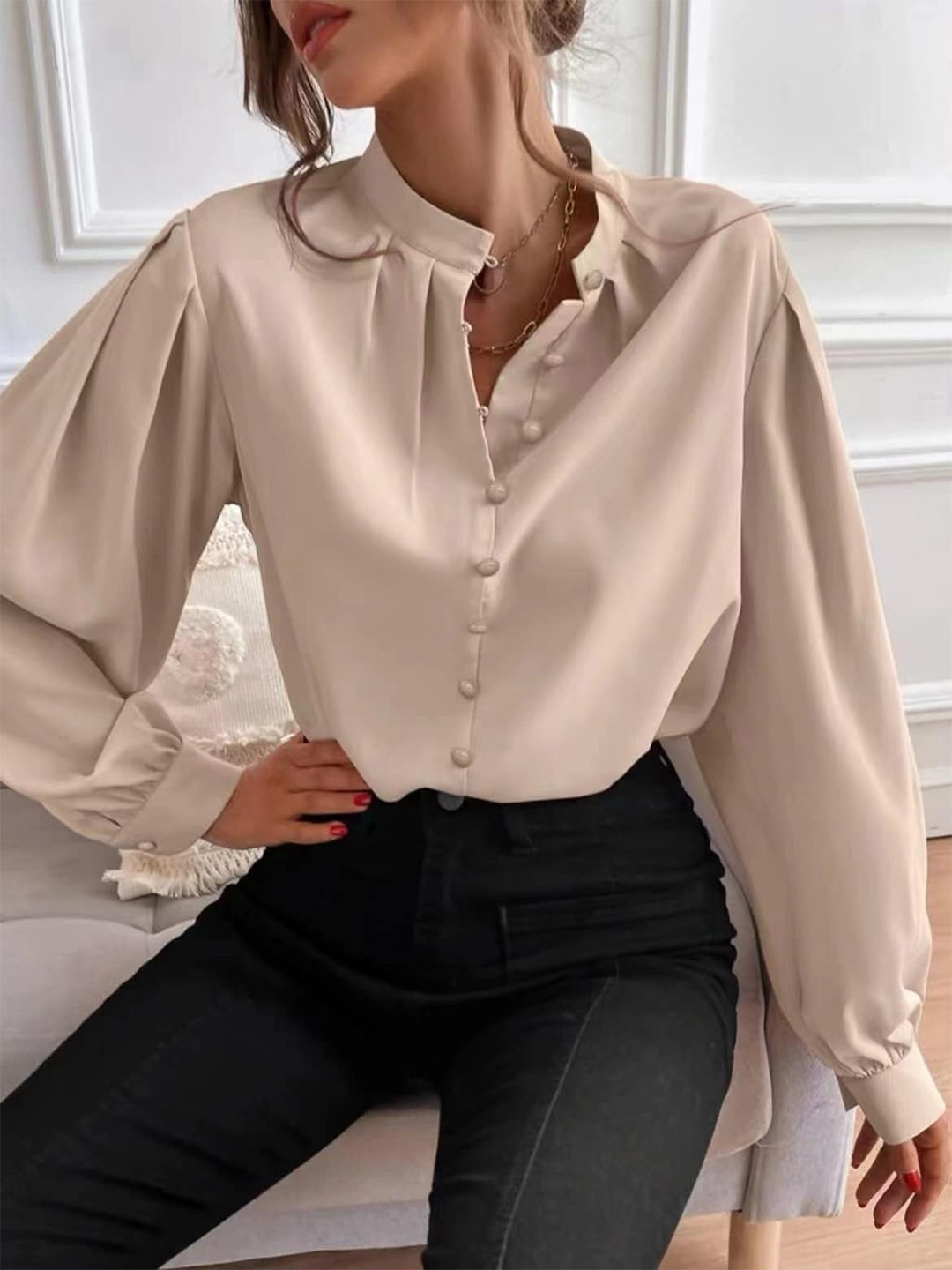 

StyleCast Beige Mandarin Collar Shirt Style Top