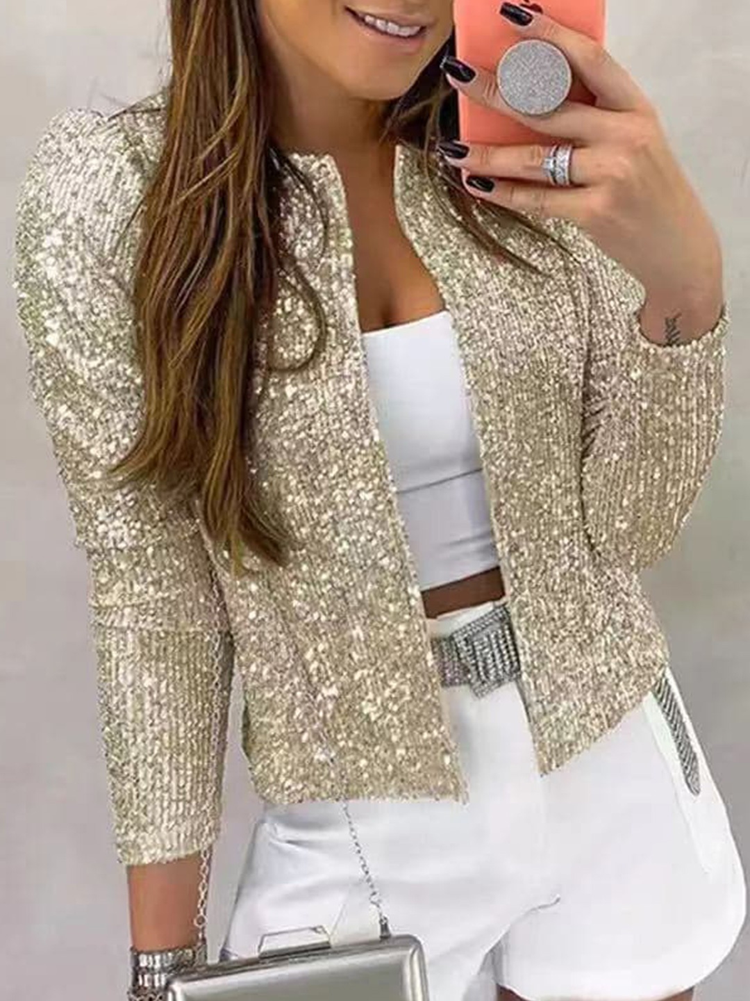 

StyleCast Silver-Toned Sequinned Embellished Long Sleeves Tailored Jacket