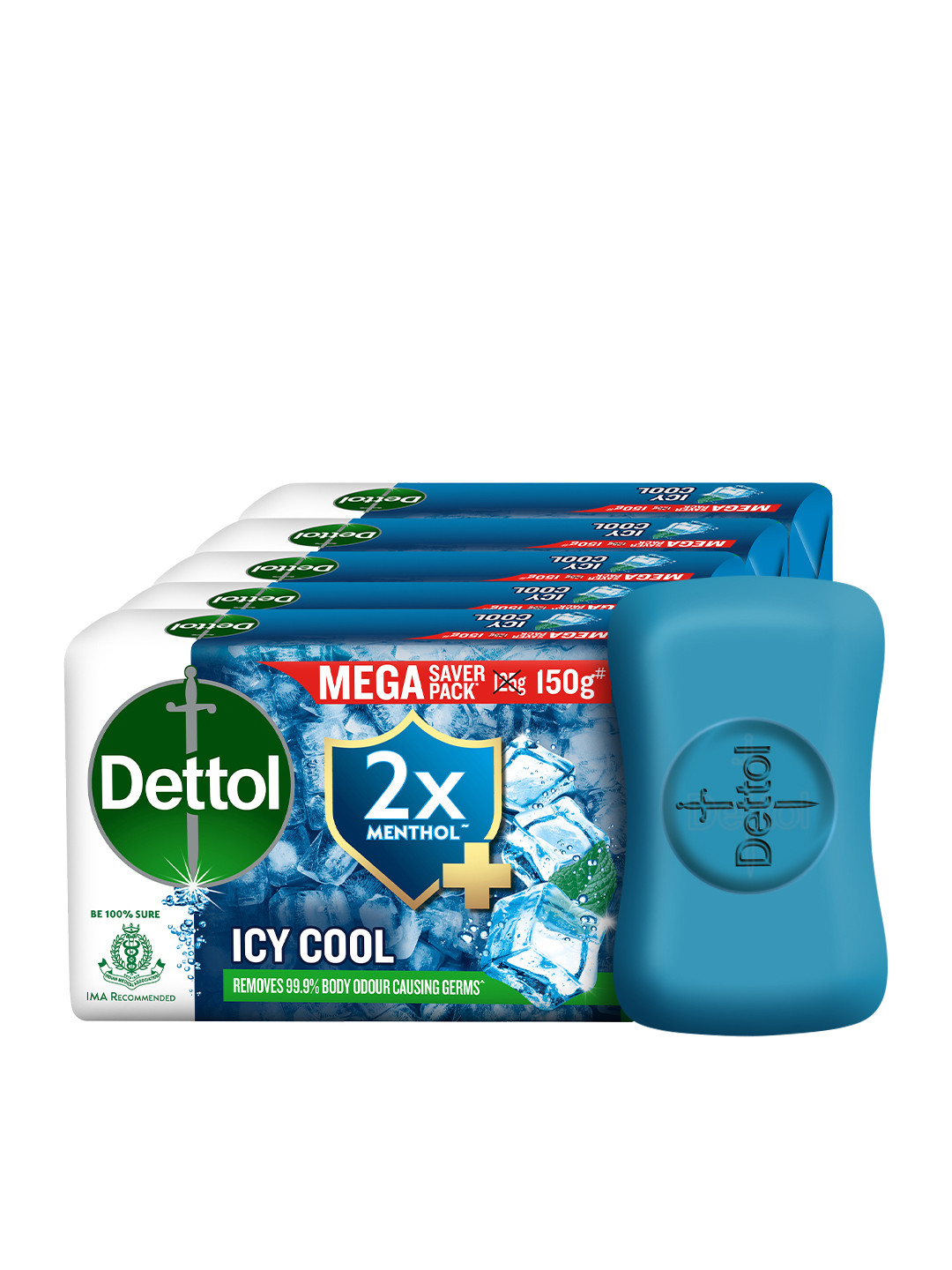 

Dettol Set Of 5 Icy Cool Bathing Bar Soap With 2x Menthol To Remove Germs - 150g Each, Blue