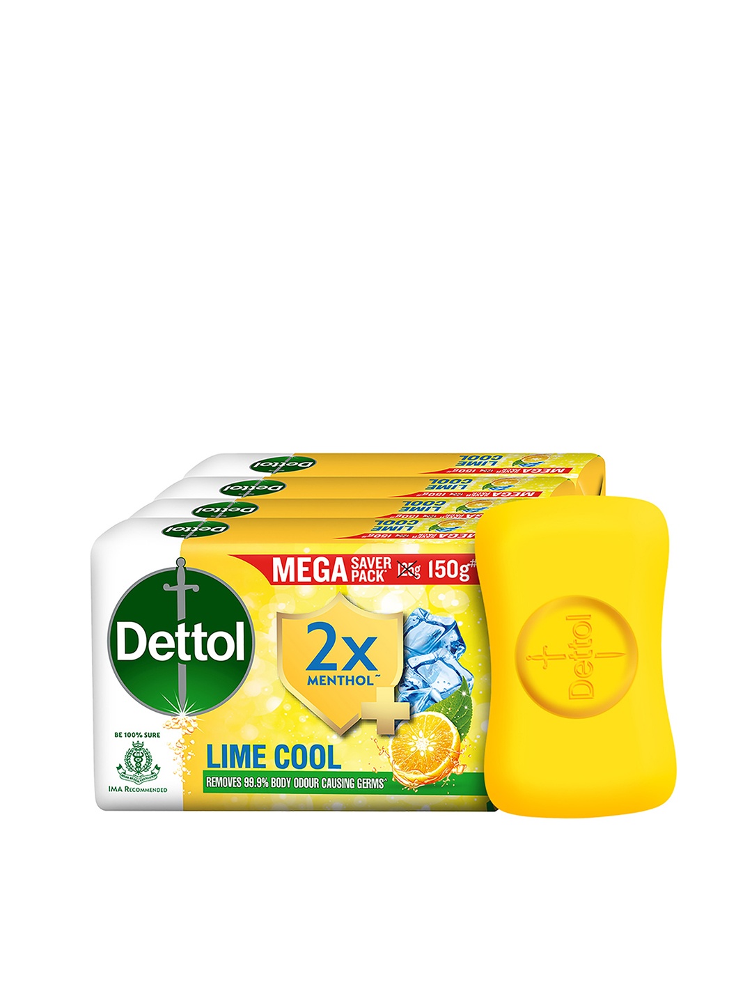 

Dettol Set Of 4 Lime Cool Bathing Bar Soap With with 2X Menthol To Remove Germs- 150g Each, Yellow