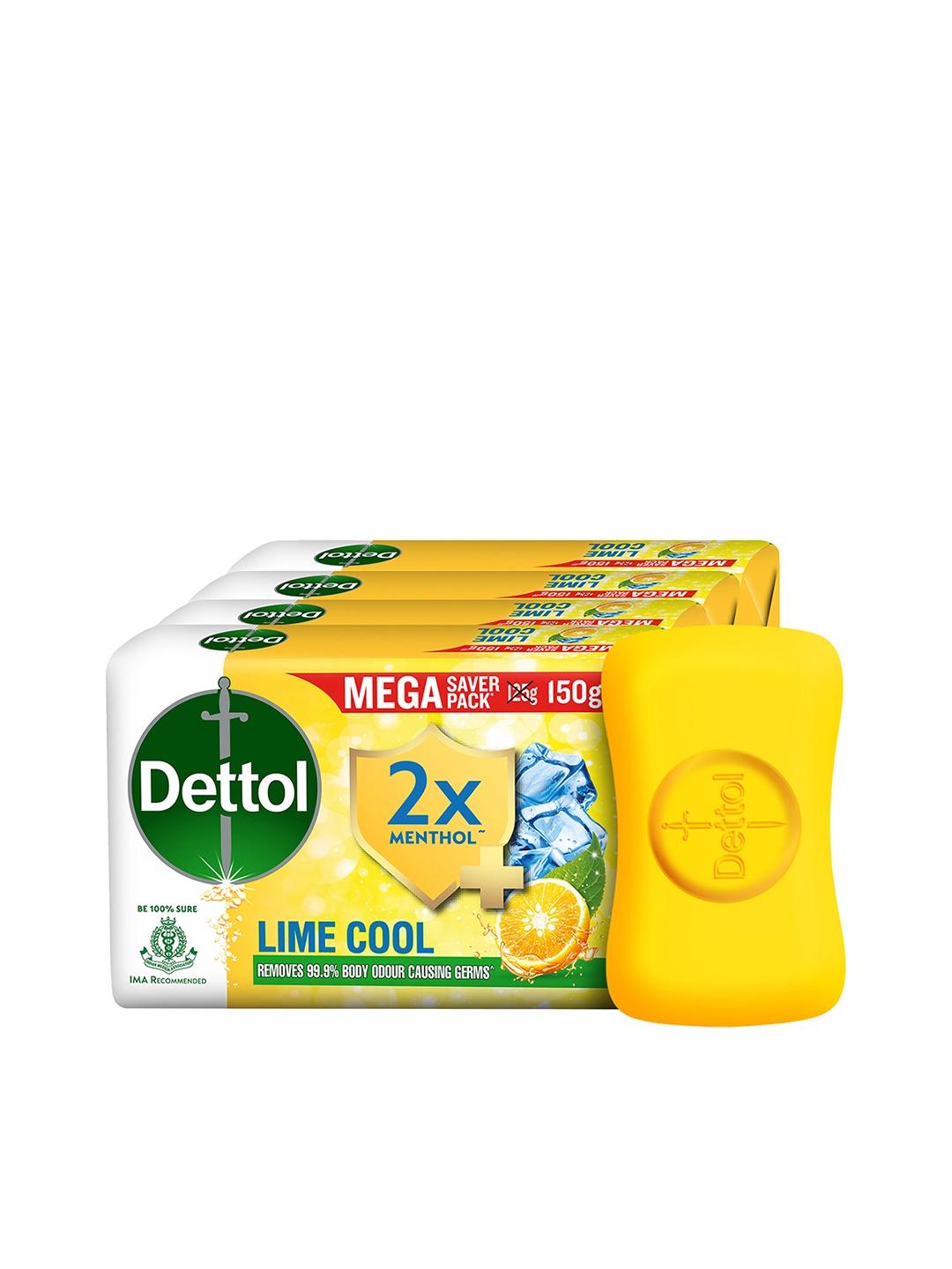 

Dettol Set Of 4 Lime Cool Bathing Bar Soap With with 2X Menthol To Remove Germs- 150g Each, Yellow