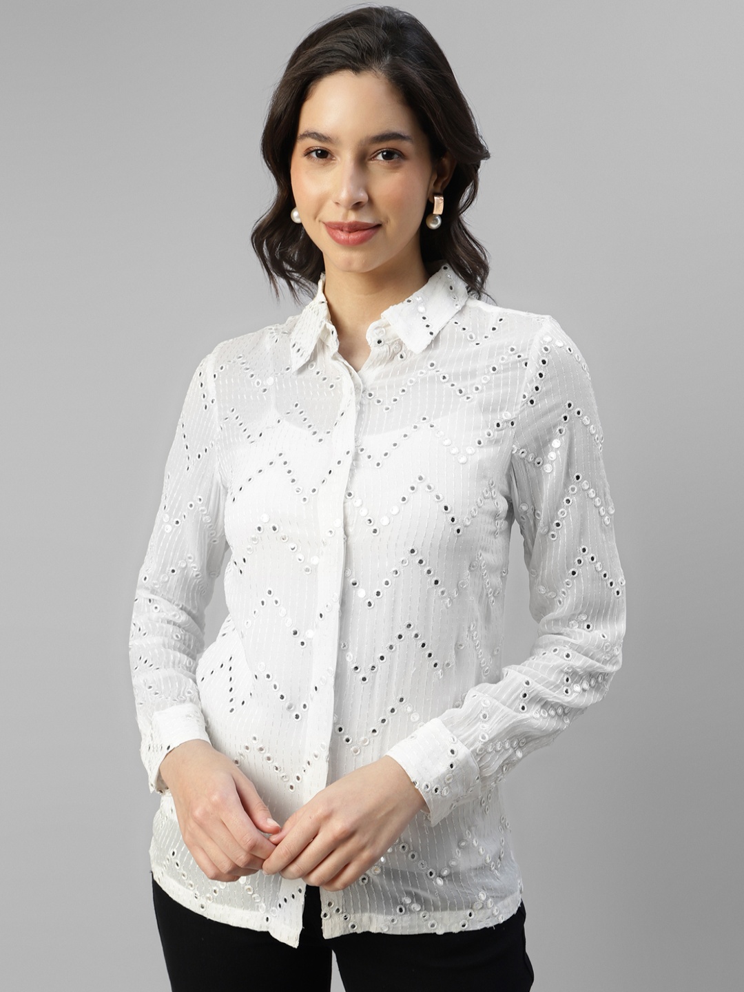 

DEEBACO Spread Collar Long Sleeves Georgette Embroidered Sheer Casual Shirt, White