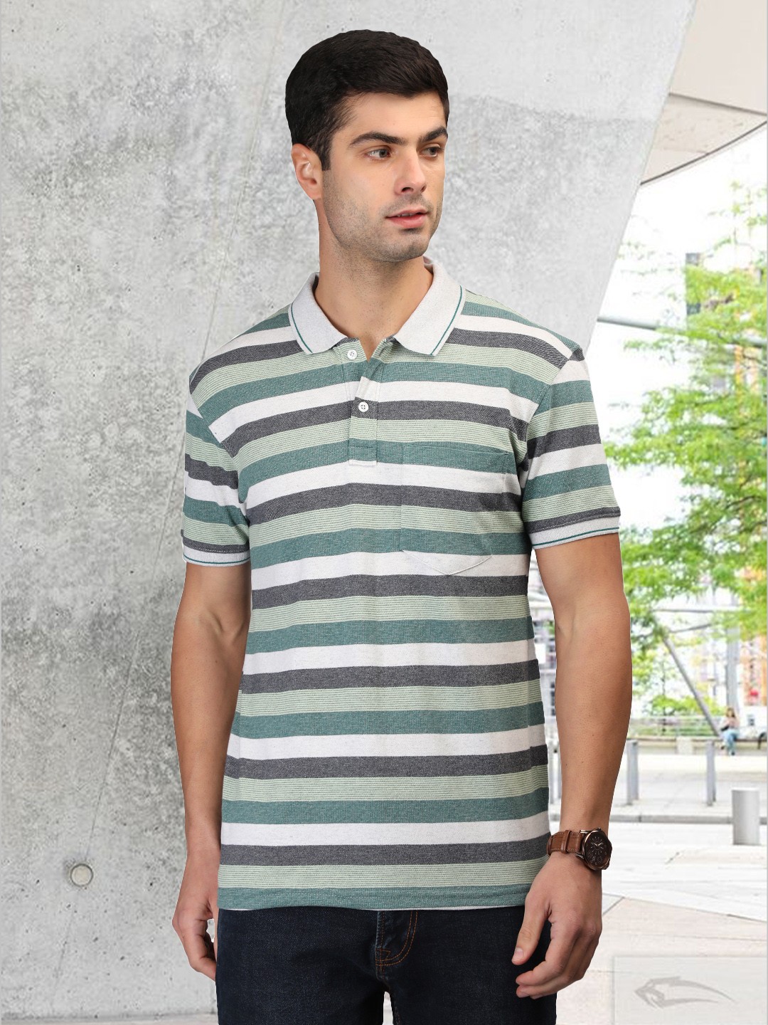 

CHKOKKO Striped Polo Collar Cotton T-shirt, Green